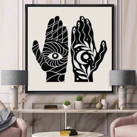 Designart - HamSa Hands With Eye And Moon Black And White Illustration - Modern Canvas Wall Art Print in Black Frame